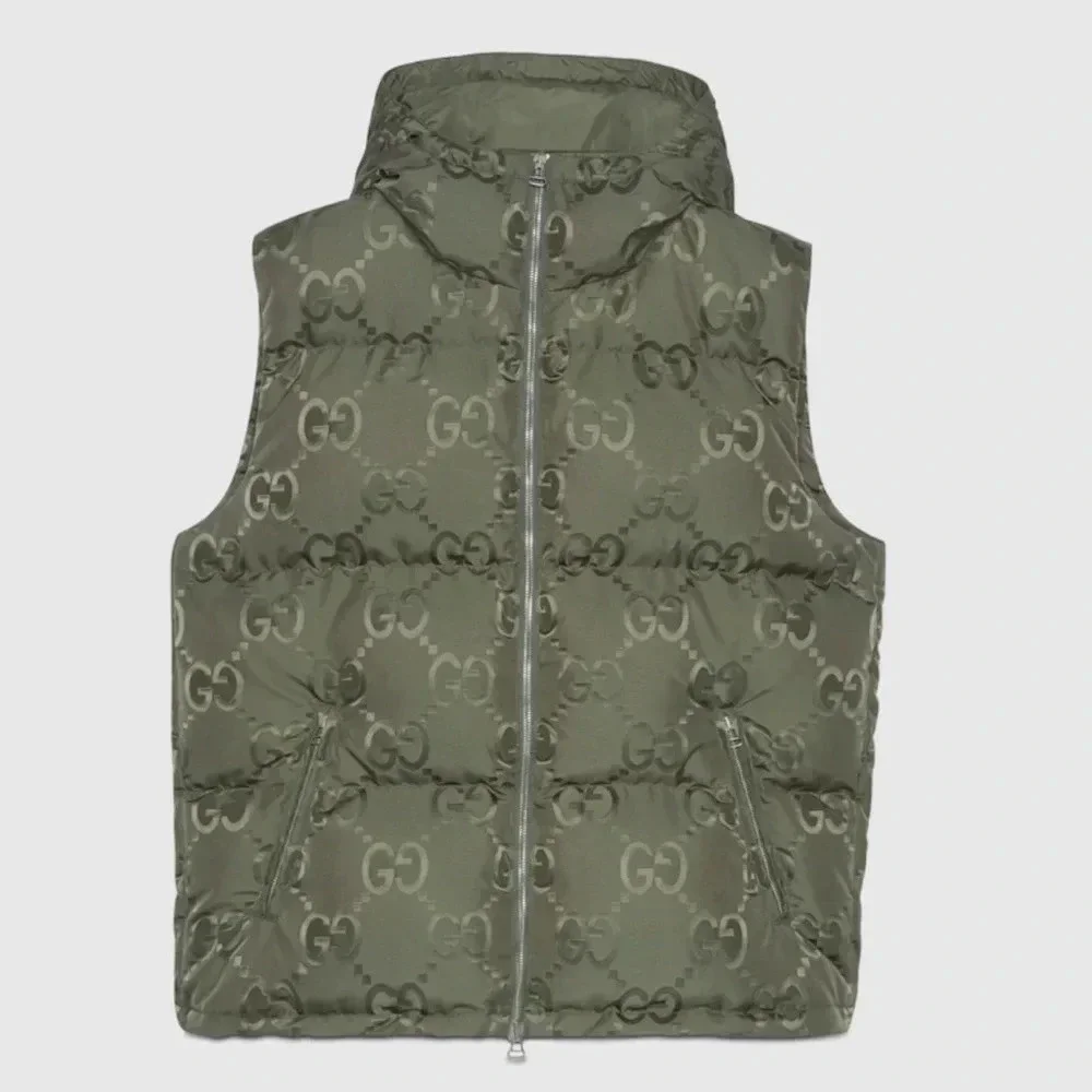 AUTHENTIC GUCCI JUMBO GG monogram CANVAS DOWN VEST green men’s hood puffer gilet